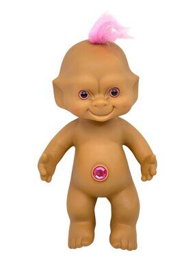 Vintage Ace Novelty Treasure Troll Doll Pink Hair Circle Wishstone Jewel 11" Toy